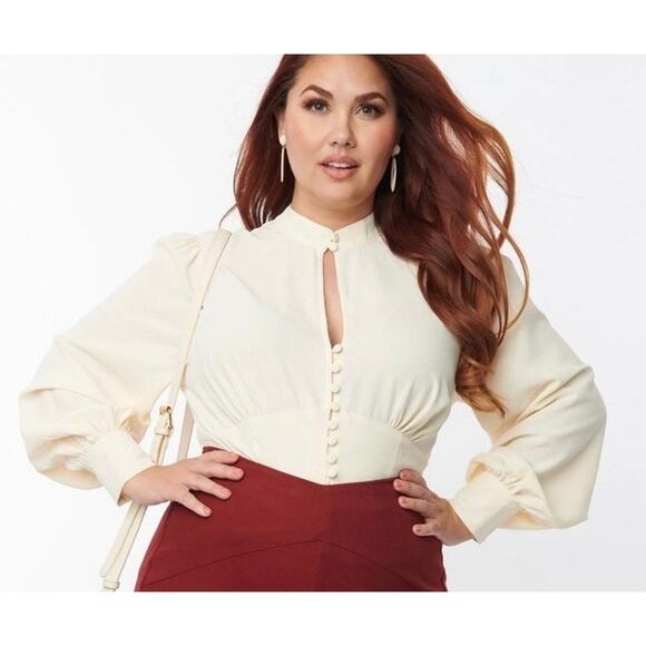 Unique Vintage Ivory Keyhole Button Up Blouse 3X 20 NWOT - Picture 1 of 6